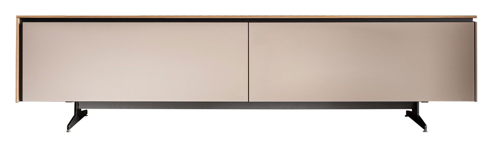 Frontansicht eines modernen TV-Elements mit zwei Türen in neutralen Farben und einem minimalistischen Design.