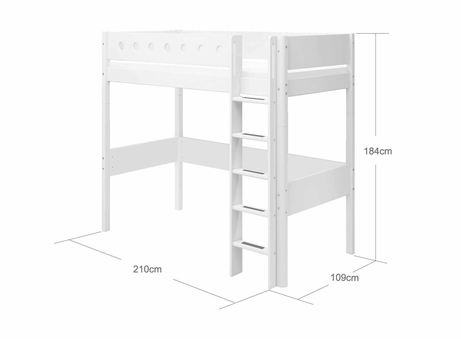 Weißes Hochbett mit senkrechter Leiter, seitliche Perspektive, Maße: 210cm Länge, 109cm Breite, 184cm Höhe.