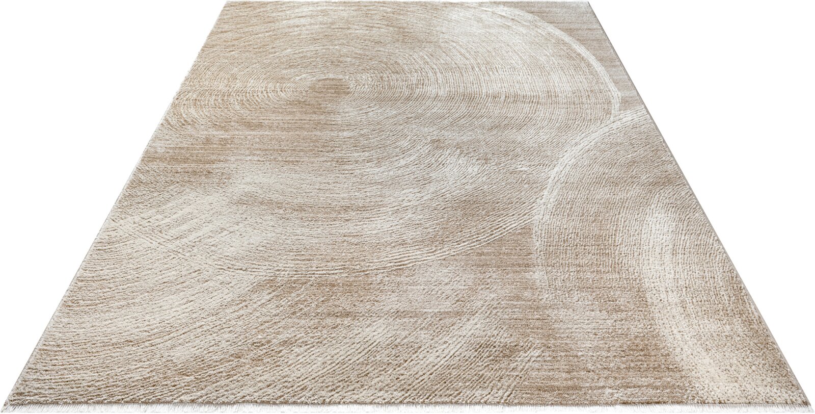 Beiger Teppich mit abstraktem Kreis- und Wellenmuster, schräg von oben in Perspektive fotografiert