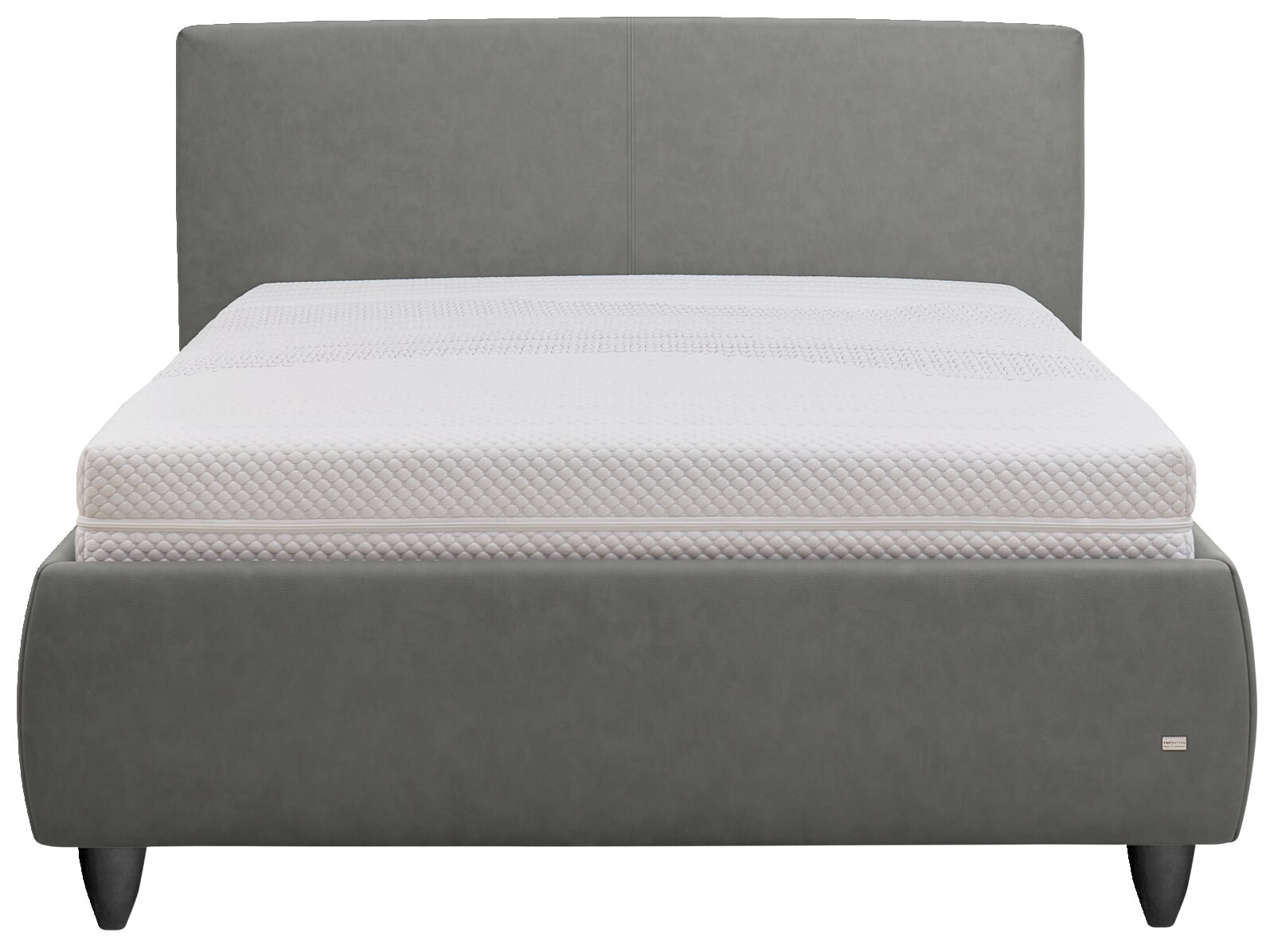 Gepolstertes Doppelbett in Dunkelgrau mit hohem, schlichtem Kopfteil und abgerundetem Fußteil, inklusive weißer Matratze; Frontalansicht.