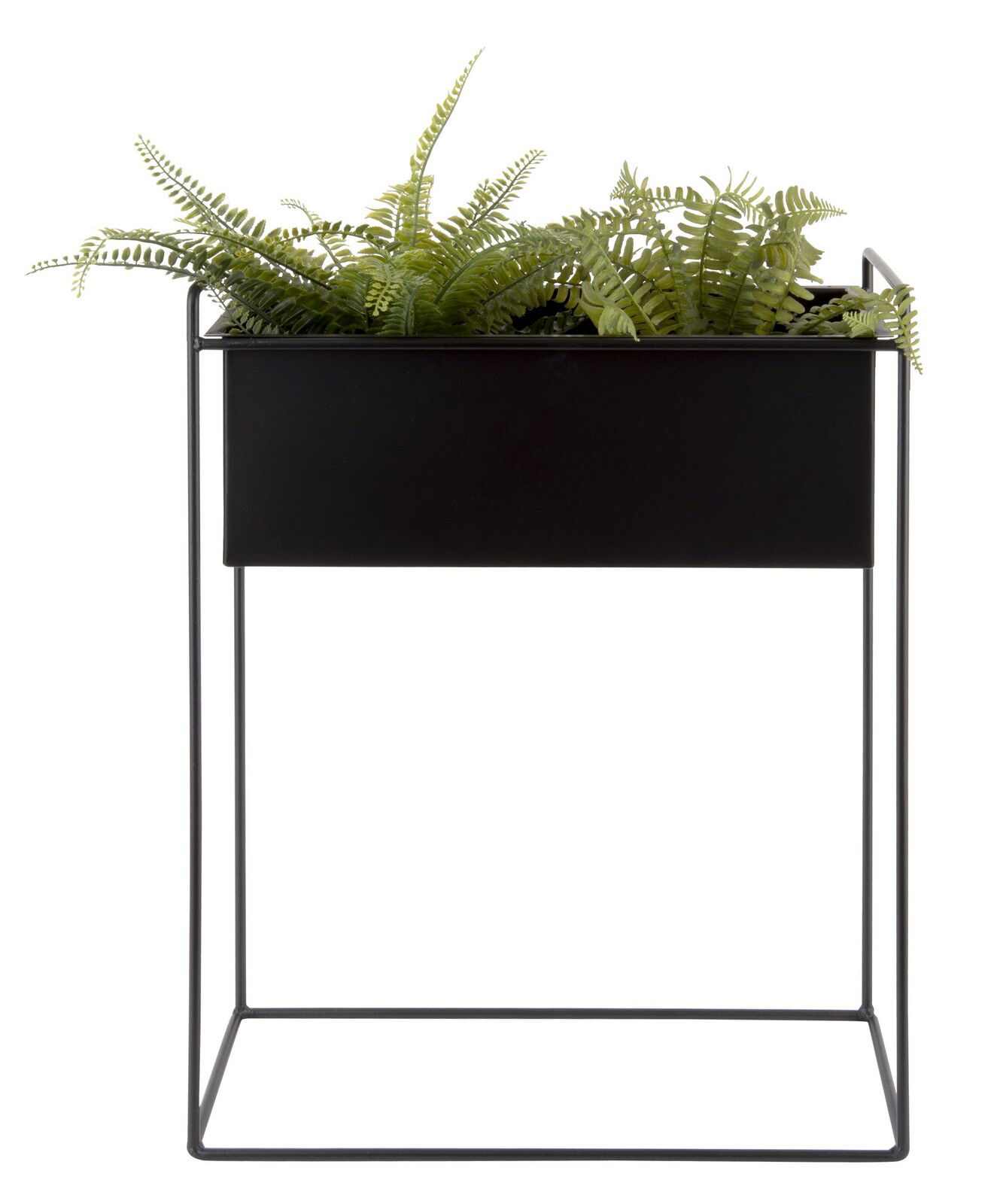 Schwarzes Pflanzgefäß auf hohem, schlankem Gestell mit grünen Farnen, seitliche Perspektive