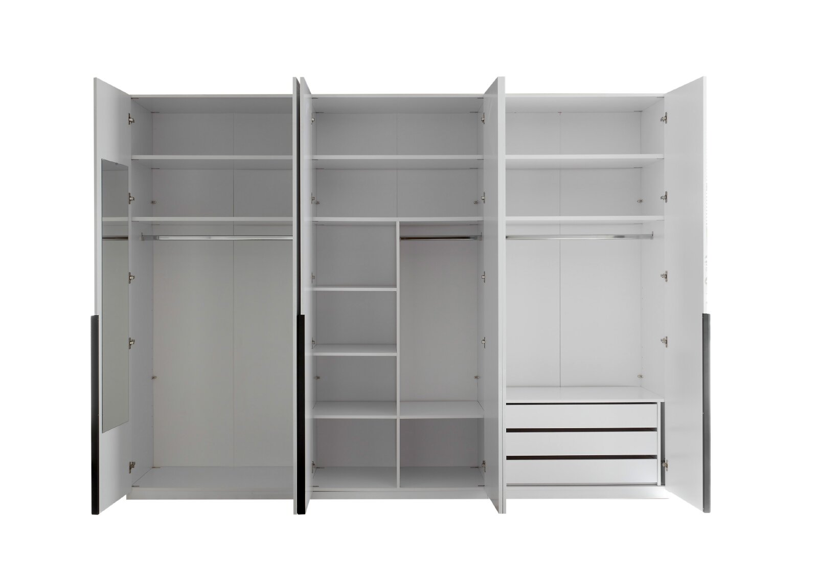 Großer weißer Kleiderschrank mit geöffneten Türen, zahlreichen Einlegeböden, Kleiderstangen, Schubladen und integriertem Spiegel in frontaler Innenansicht