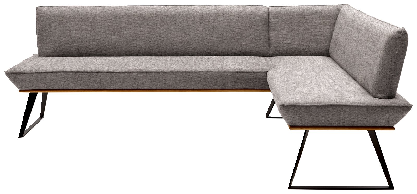 Grijze hoekbank met een modern ontwerp, metalen poten en bekleding, gezien van voren.