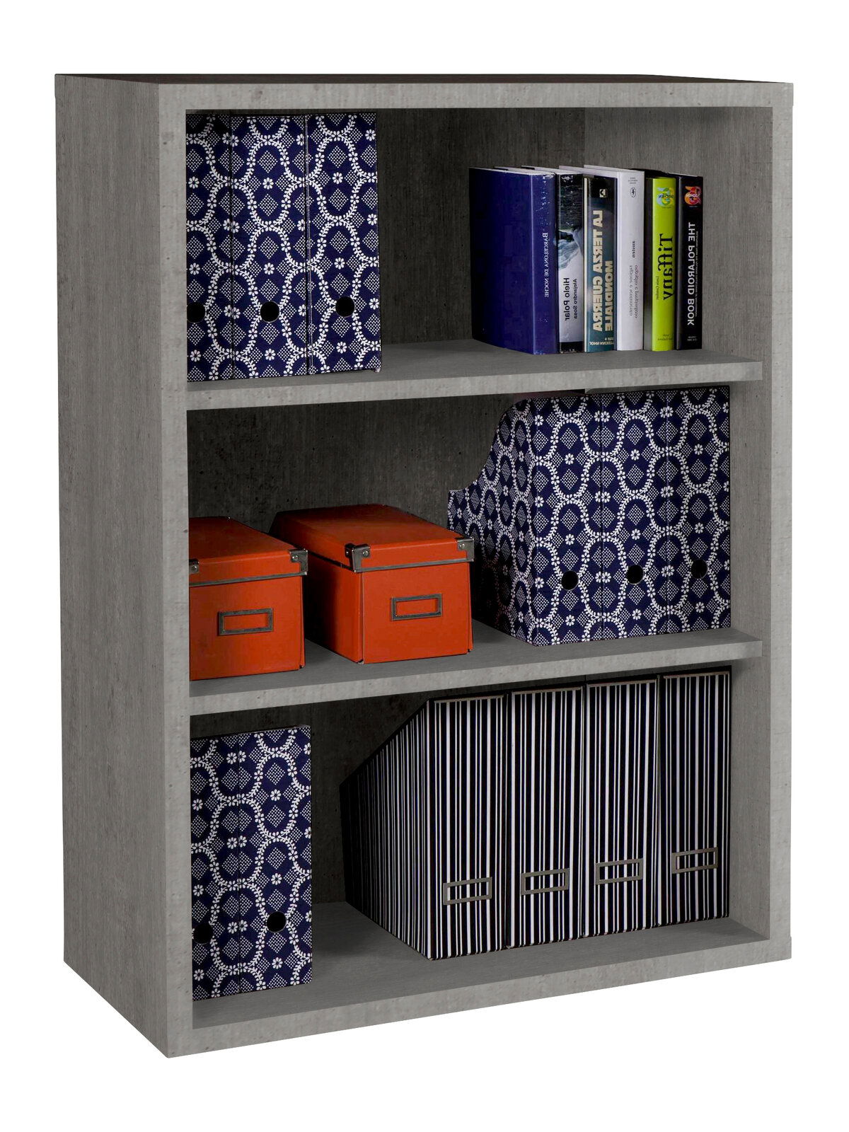 XORA Regal DIVINO Graues Regal mit drei Ebenen, gefüllt mit blauen und gestreiften Ordnern, roten Boxen und Büchern, seitliche Perspektive.