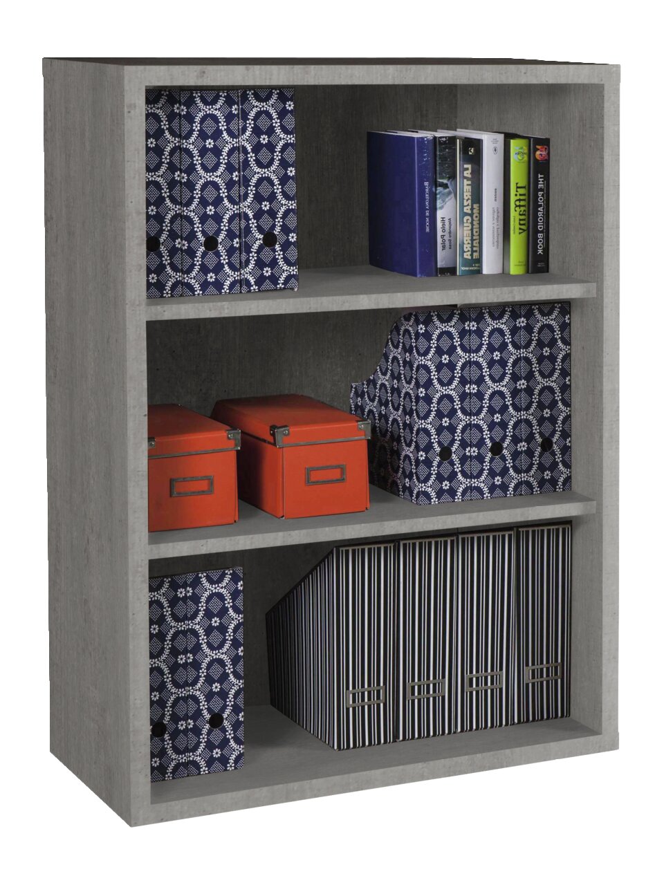 Graues Regal mit drei Ebenen, gefüllt mit blauen und gestreiften Ordnern, roten Boxen und Büchern, seitliche Perspektive.