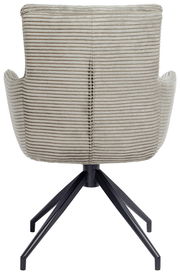 Rückansicht eines Armlehnstuhls mit gestreiftem Stoffbezug und schwarzem Metallgestell.