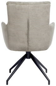 Rückansicht eines Armlehnstuhls mit gestreiftem Stoffbezug und schwarzem Metallgestell.