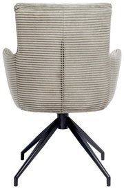 Rückansicht eines Armlehnstuhls mit gestreiftem Stoffbezug und schwarzem Metallgestell.