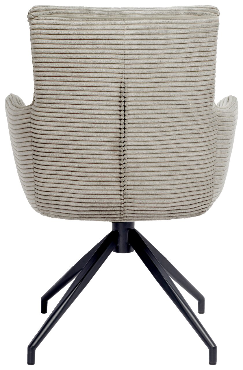 Rückansicht eines Armlehnstuhls mit gestreiftem Stoffbezug und schwarzem Metallgestell.