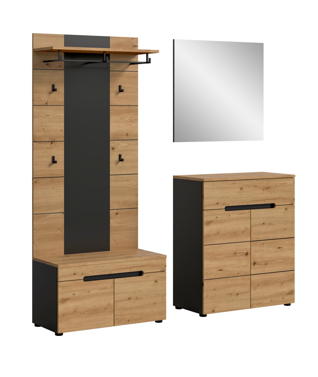 MID.YOU Garderobecombinatie CANU Garderoben-Set in Eiche-Optik mit schwarzen Akzenten: Garderobenpaneel mit Ablage und Kleiderstange sowie Schuhschrank/Kommode, daneben quadratischer Wandspiegel; Ansicht schräg von vorn.