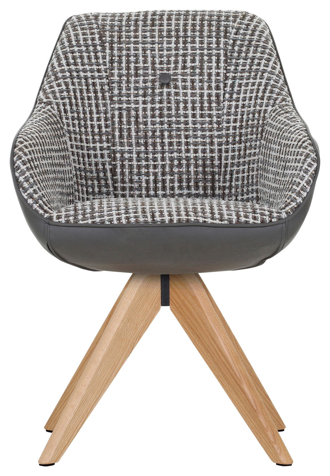 Vorderansicht eines modernen Armlehnstuhls mit gemustertem Stoffbezug und Holzbeinen.