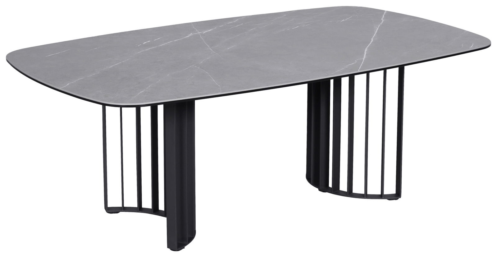 Moderner Couchtisch mit grauer Marmoroptik-Tischplatte und schwarzen Metallbeinen, seitliche Perspektive