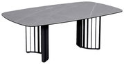 Moderner Couchtisch mit grauer Marmoroptik-Tischplatte und schwarzen Metallbeinen, seitliche Perspektive