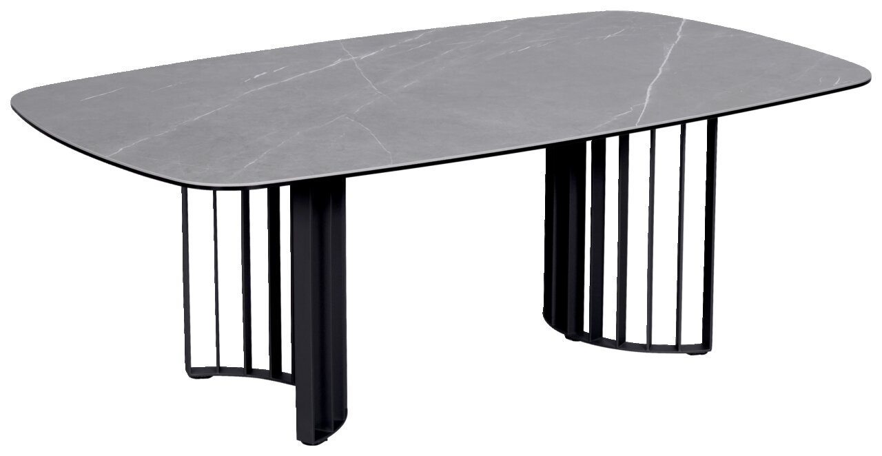 Novel Salontafel LIPARI Moderne salontafel met een tafelblad in grijze marmerlook en zwarte metalen poten, zijaanzicht