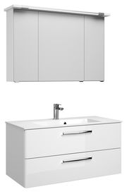 Moderner weißer Badblock mit Spiegelschrank und Waschbecken, Frontalansicht