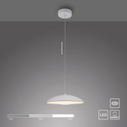Weiße LED-Pendelleuchte mit rundem, flachem Schirm und höhenverstellbarem Kabel, warmes Licht, Frontansicht leicht von unten vor grauem Hintergrund