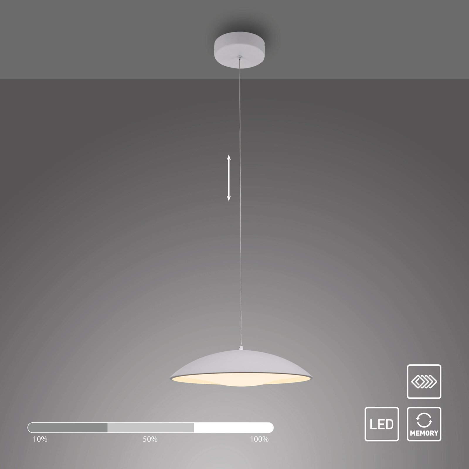 Weiße LED-Pendelleuchte mit rundem, flachem Schirm und höhenverstellbarem Kabel, warmes Licht, Frontansicht leicht von unten vor grauem Hintergrund