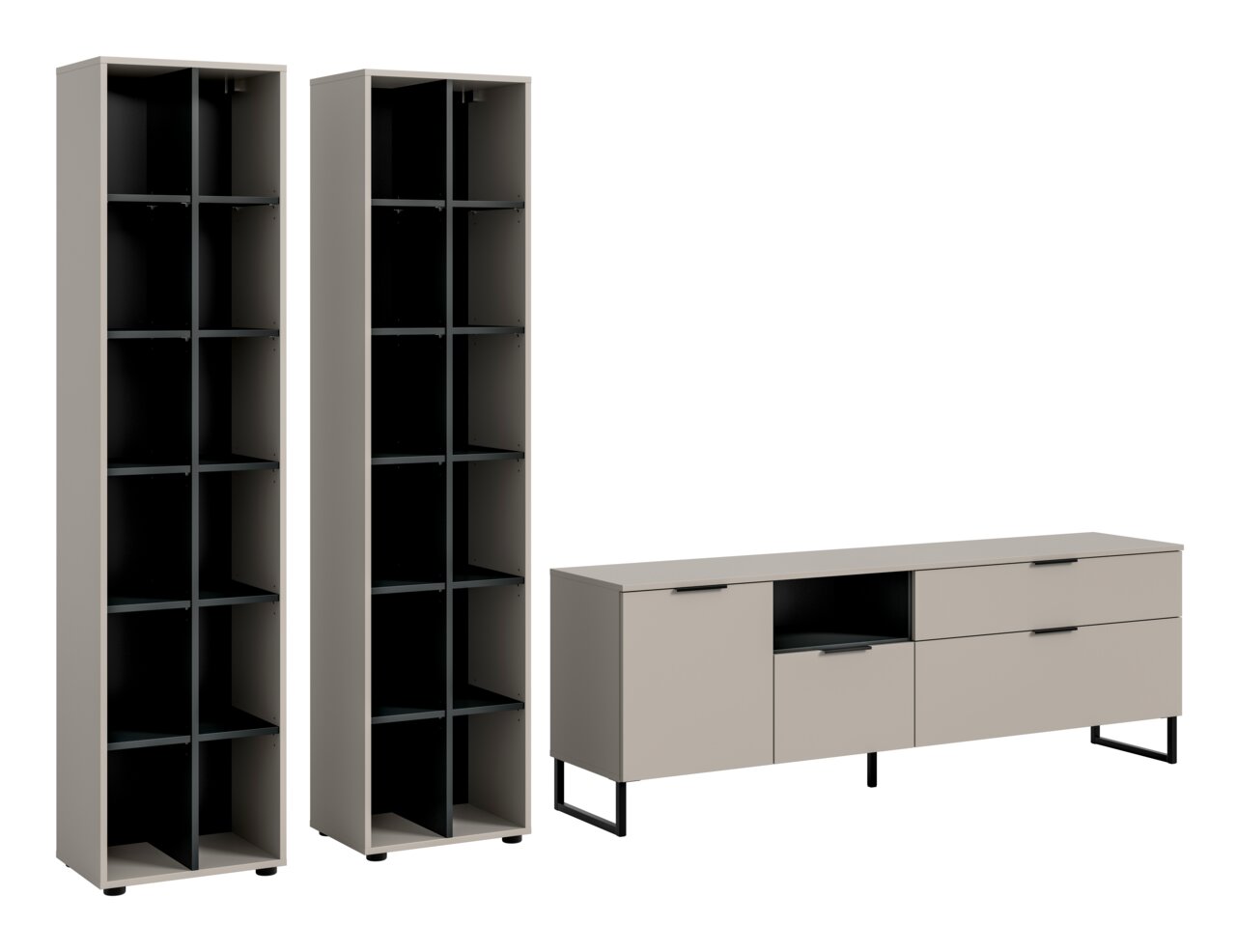 MID.YOU Wohnkombination NOIDA Modernes Möbel-Set in Beige mit zwei hohen offenen Regalschränken und einem niedrigen Sideboard mit Schubladen, Türen und offenem Fach auf schwarzen Metallfüßen, dargestellt in frontaler Ansicht mit leichter Perspektive von vorn links