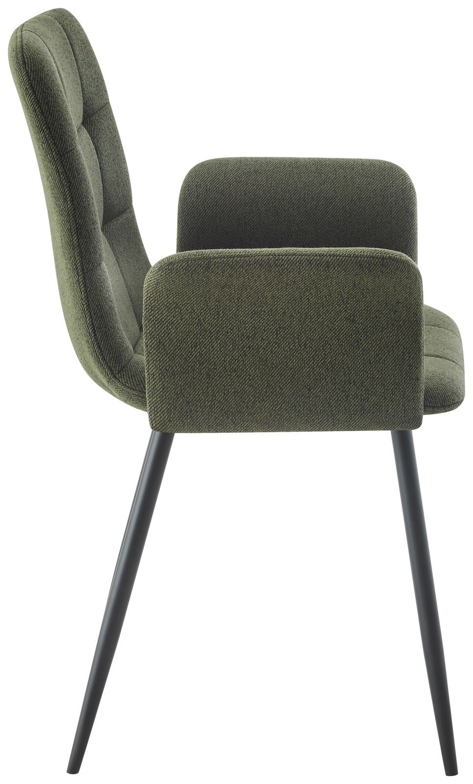 Seitenansicht eines grünen Armlehnstuhls mit gepolstertem Sitz und Rückenlehne sowie schwarzen Metallbeinen.