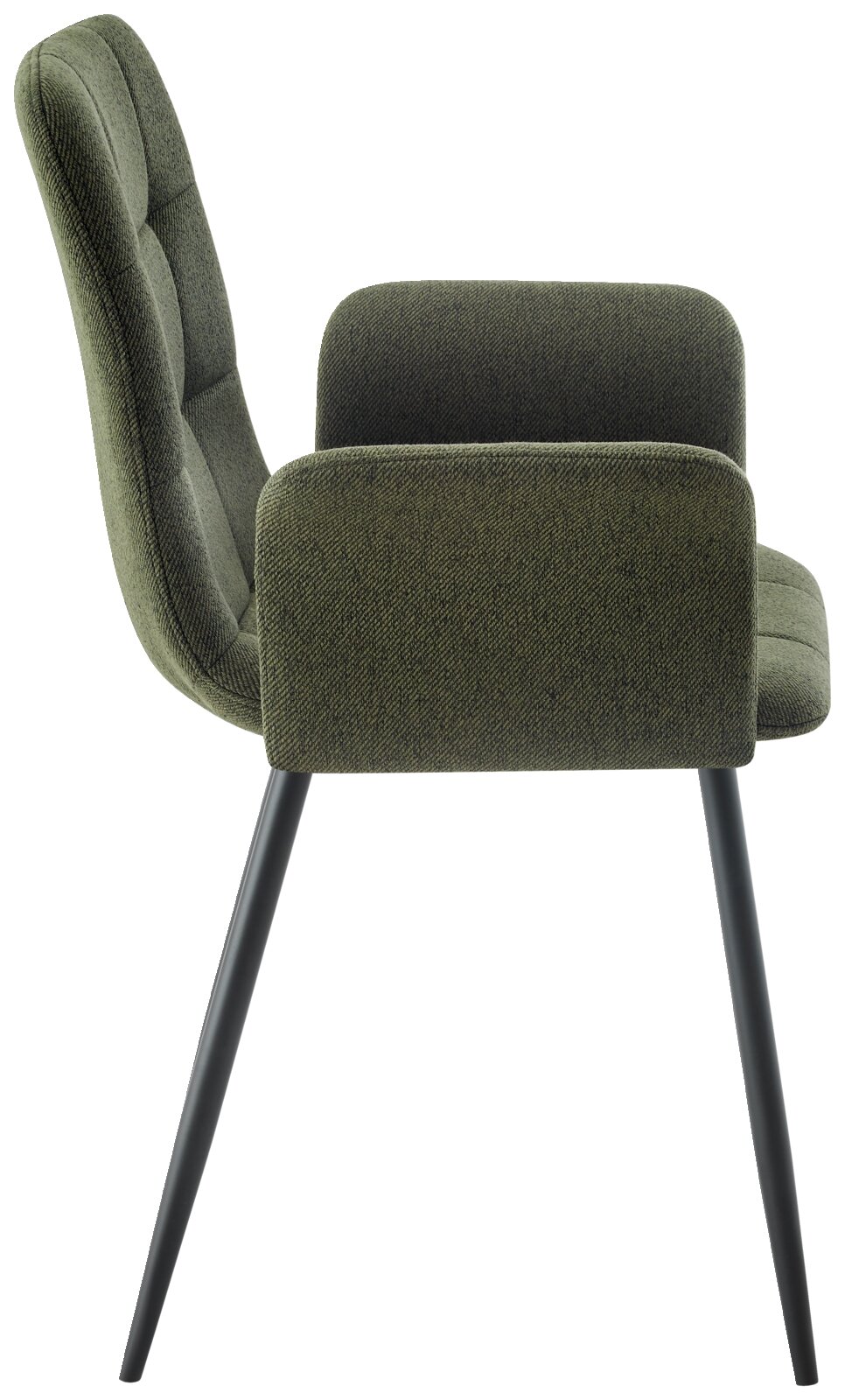 Seitenansicht eines grünen Armlehnstuhls mit gepolstertem Sitz und Rückenlehne sowie schwarzen Metallbeinen.