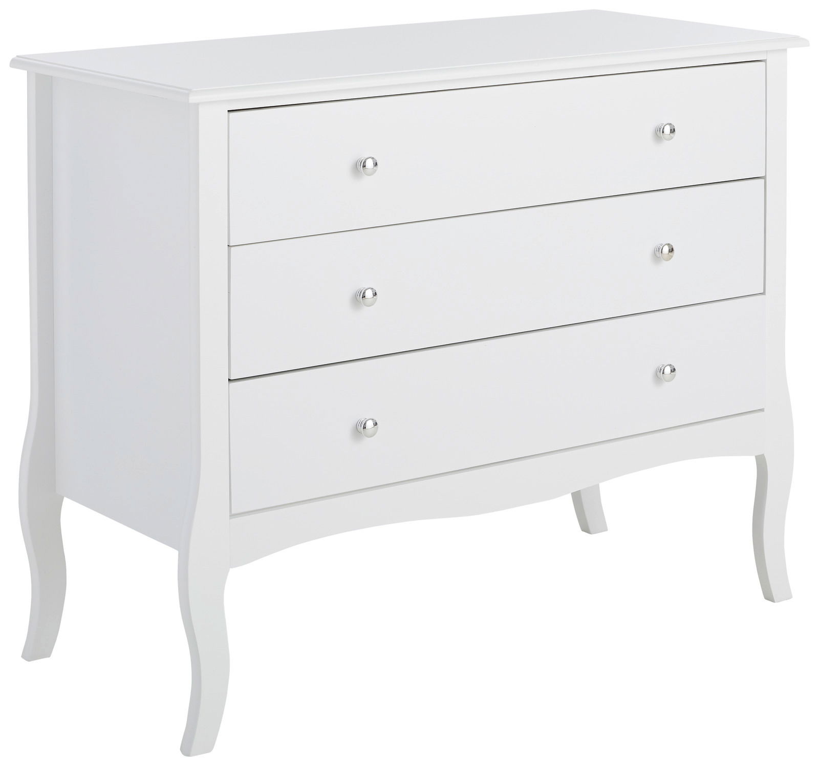 Weiße Kommode mit drei Schubladen, seitliche Perspektive