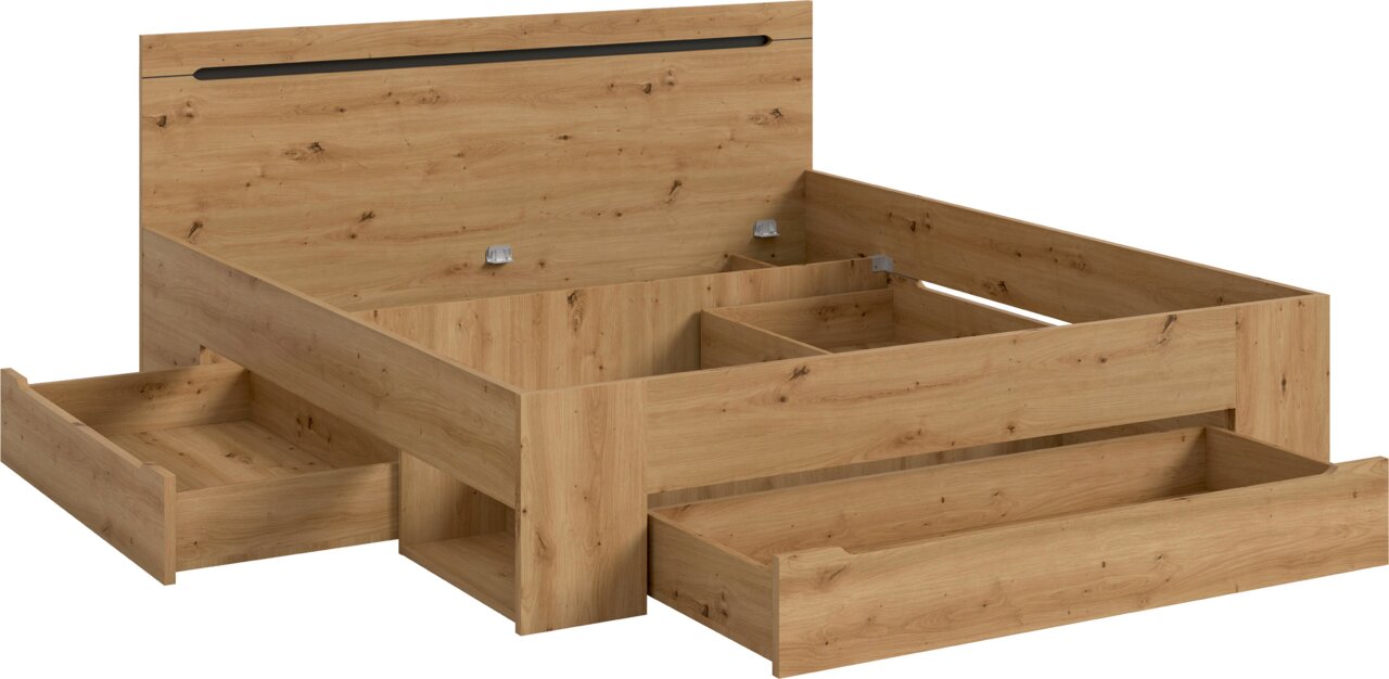 Holzbett in Eiche-Optik mit hochklappbarem Stauraum-Kopfteil und zwei großen Unterbett-Schubladen, schräg von vorne links gezeigt.