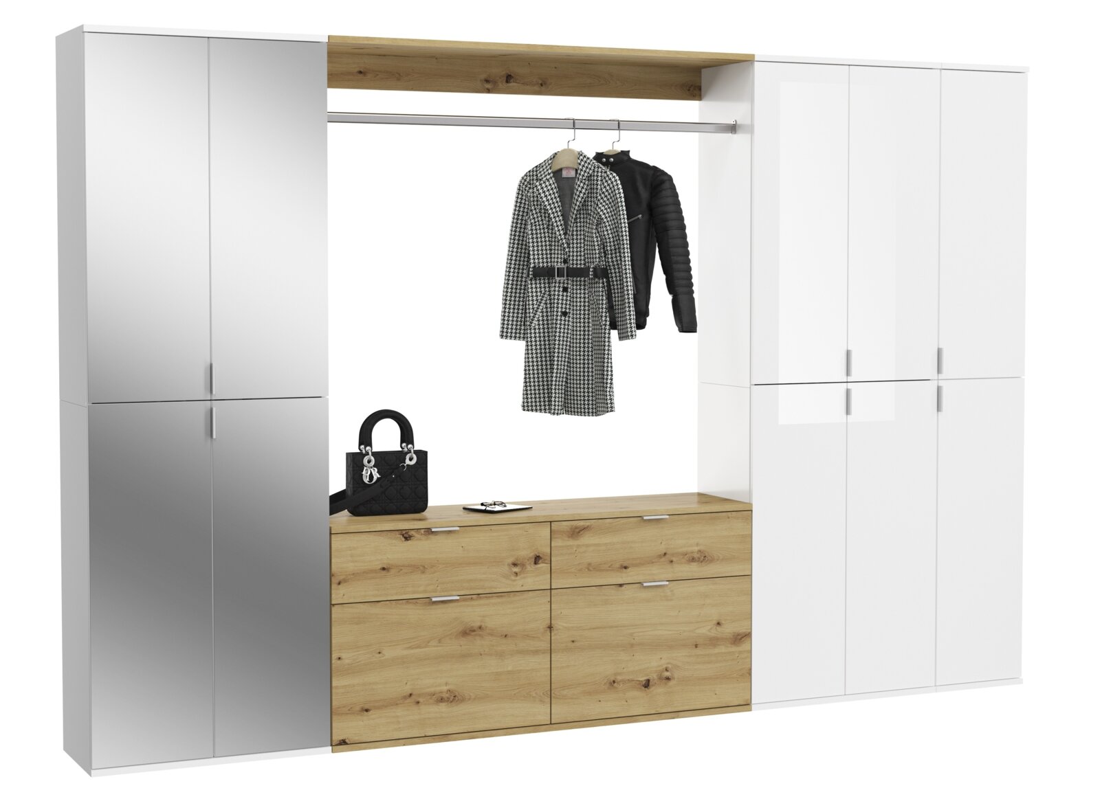 Garderobenkombination mit weißem Hochglanz und Holzoptik, bestehend aus Schränken, einer Kleiderstange mit Mänteln und einer Ablage mit Handtasche, seitliche Perspektive.