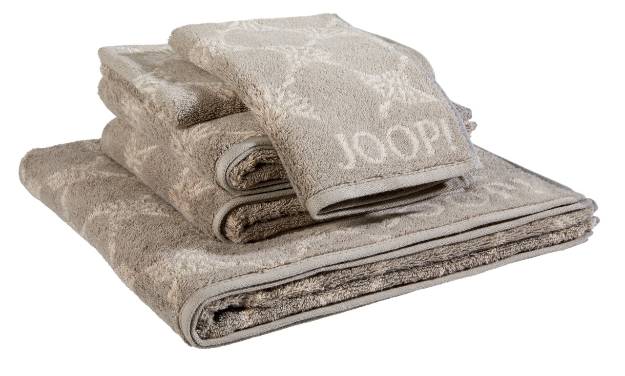 JOOP! Frottierset 5-teilig CORNFLOWER Frottierset 5-teilig in Beige, gestapelt, mit eingewebtem Muster und Markenlogo, seitliche Perspektive