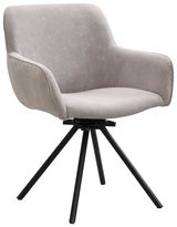 Moderner Armlehnstuhl mit grauem Stoffbezug und schwarzen Metallbeinen, seitliche Perspektive