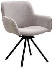 Moderner Armlehnstuhl mit grauem Stoffbezug und schwarzen Metallbeinen, seitliche Perspektive