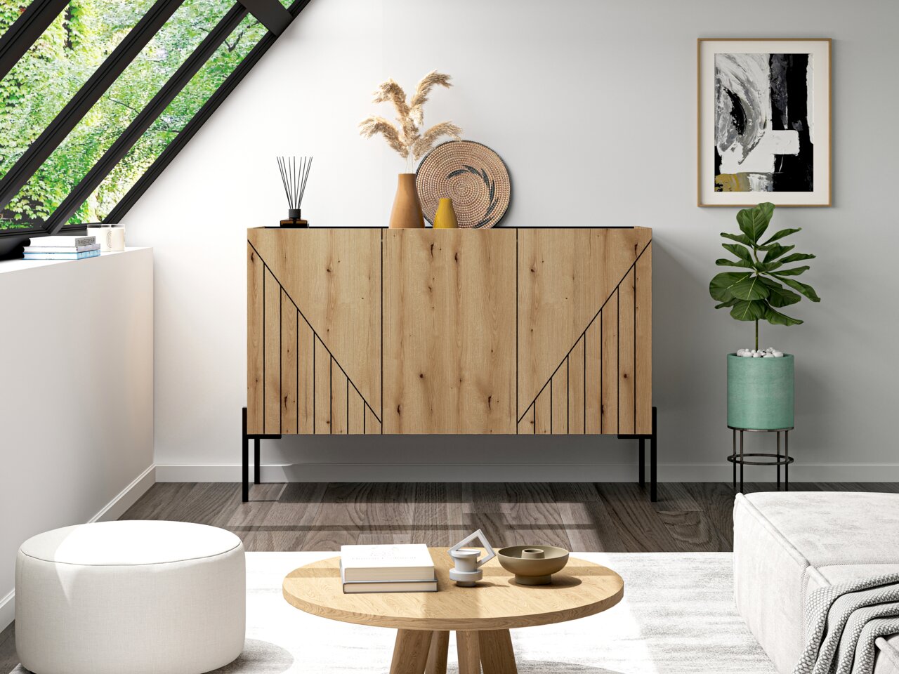 MID.YOU Sideboard NEO Modernes Sideboard aus Holz mit geometrischem Design, in einem stilvoll eingerichteten Wohnzimmer, aus frontaler Perspektive.