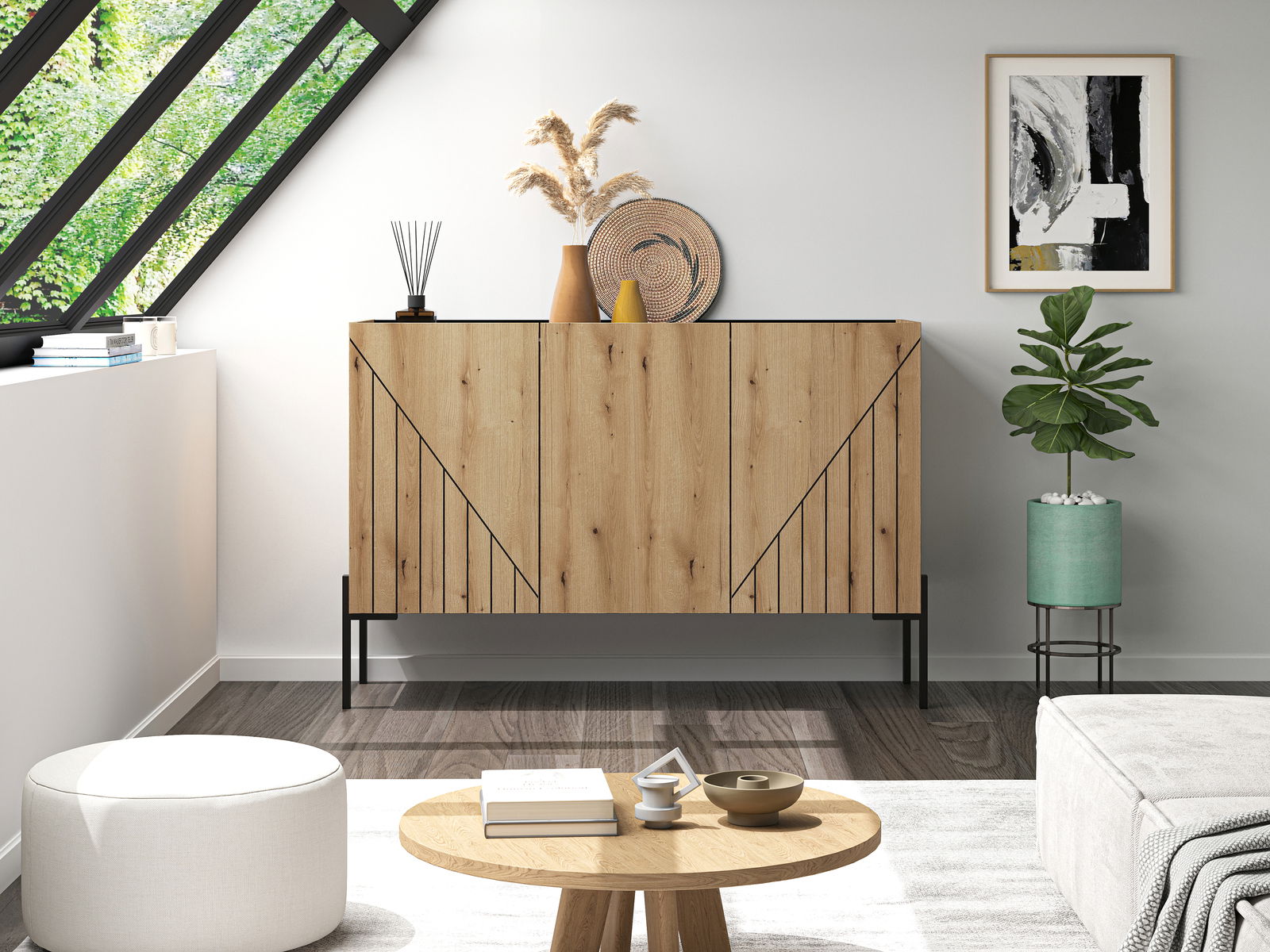 MID.YOU Sideboard Modernes Sideboard aus Holz mit geometrischem Design, in einem stilvoll eingerichteten Wohnzimmer, aus frontaler Perspektive.