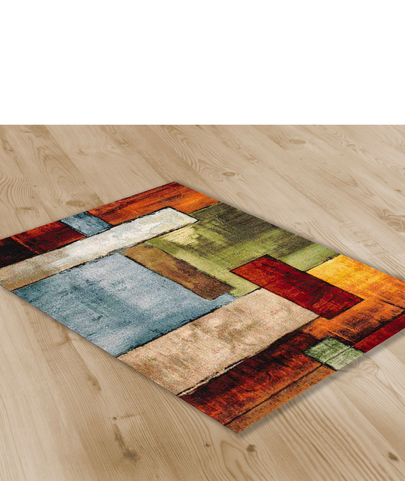 Teppich Avalon ca. 80x150cm mit buntem geometrischem Muster, aus der Vogelperspektive auf hellem Holzboden fotografiert