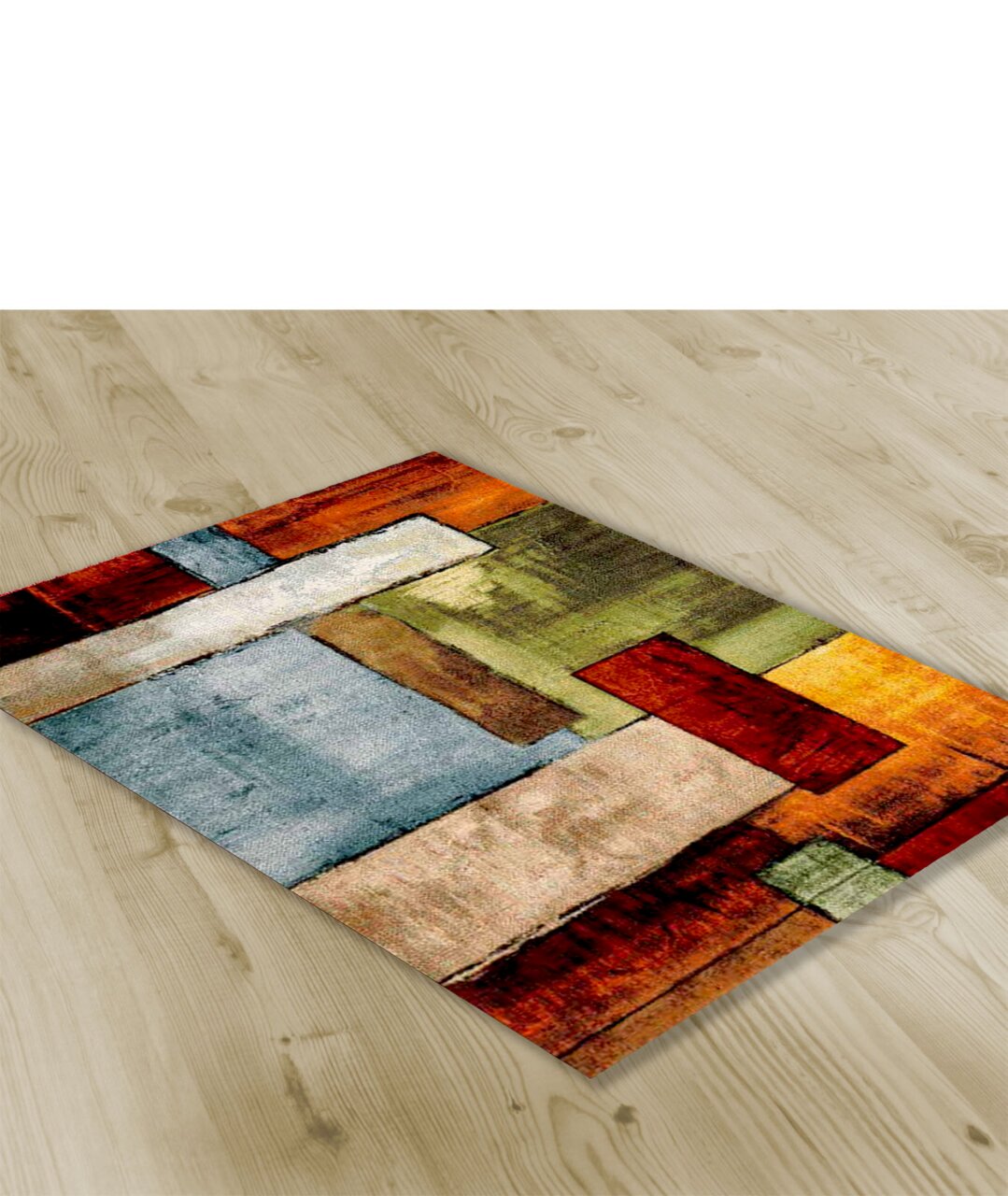 Teppich Avalon ca. 80x150cm mit buntem geometrischem Muster, aus der Vogelperspektive auf hellem Holzboden fotografiert