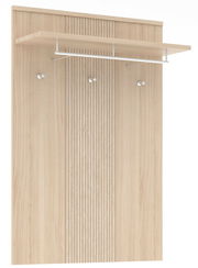 Garderobenpaneel aus hellem Holz mit Ablage und Kleiderstange, Frontalansicht