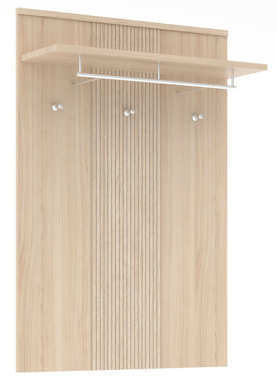 Garderobenpaneel aus hellem Holz mit Ablage und Kleiderstange, Frontalansicht