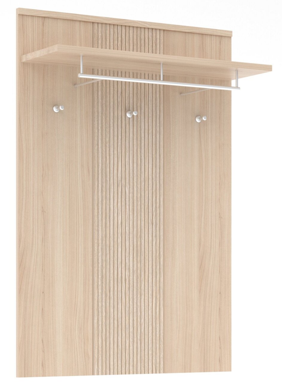 Garderobenpaneel aus hellem Holz mit Ablage und Kleiderstange, Frontalansicht