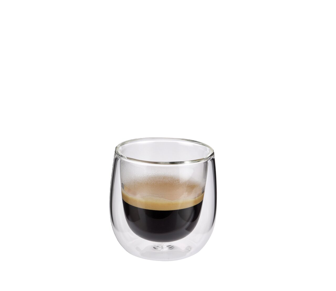 Cilio Espressoglas 80ml 2er-Set VERONA Espressoglas mit doppelwandigem Design, gefüllt mit Espresso, seitliche Perspektive