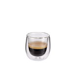 Espressoglas mit doppelwandigem Design, gefüllt mit Espresso, seitliche Perspektive
