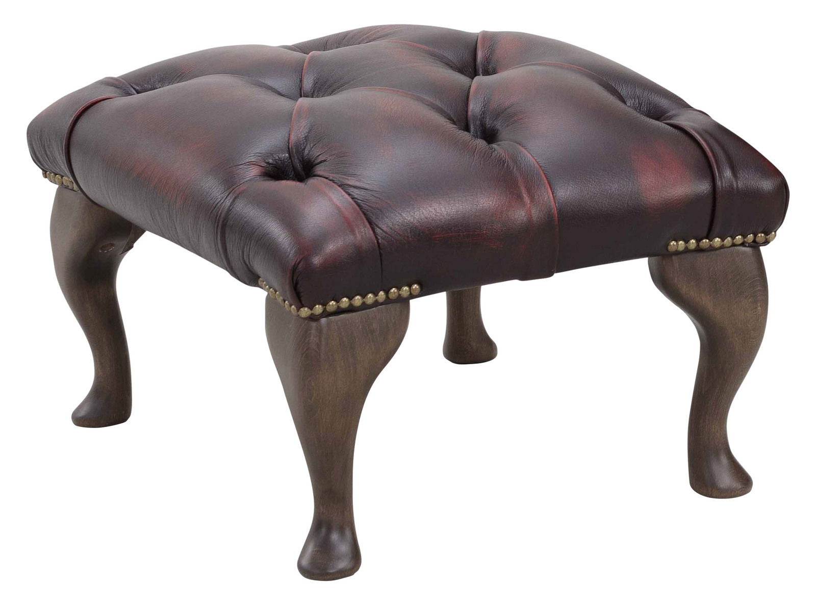 Eleganter Hocker mit gepolstertem, dunkelbraunem Lederbezug und dekorativen Nieten, seitliche Perspektive