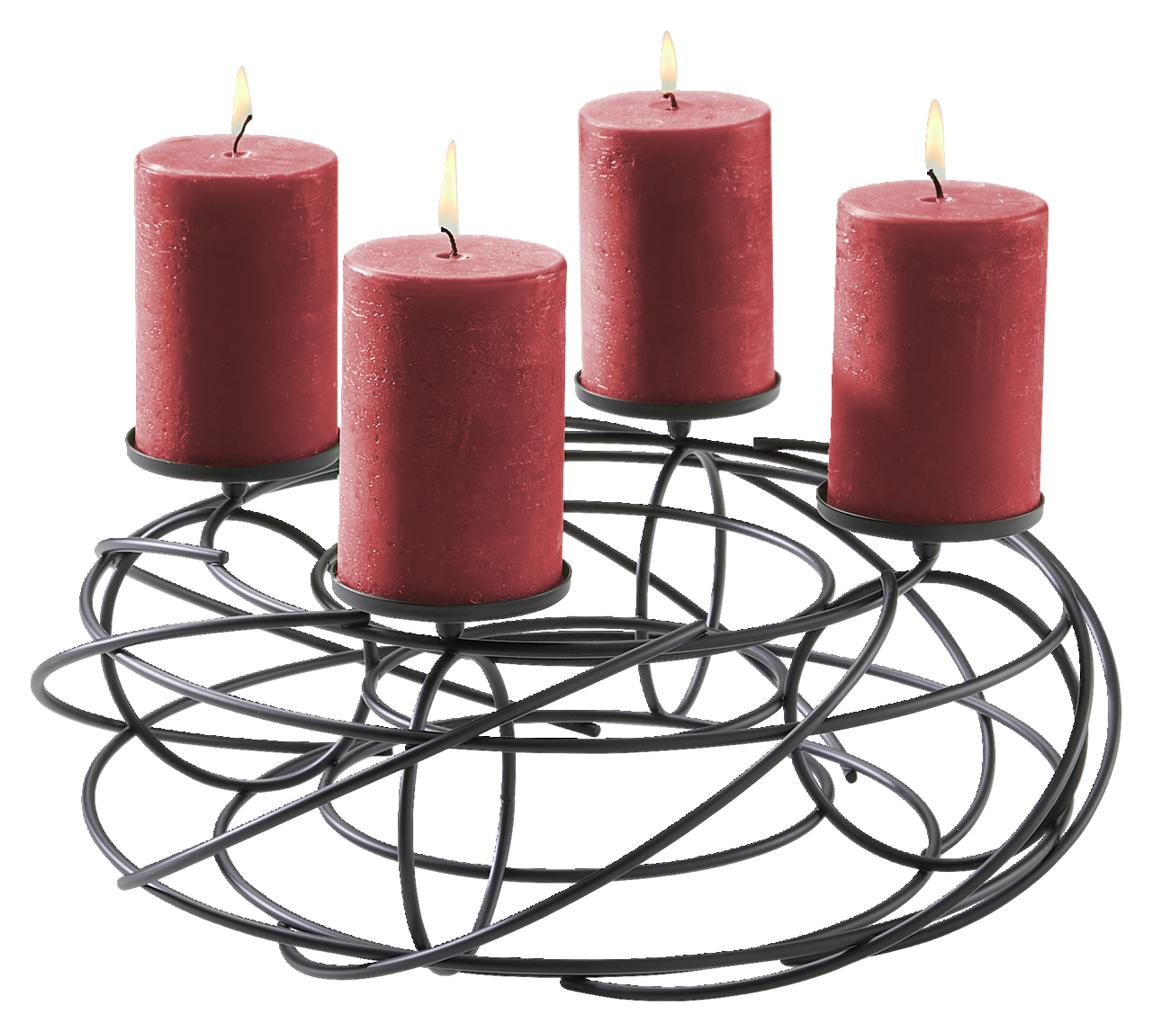 Schwarzer Dekokranz für 4 Kerzen mit roten Kerzen, seitliche Perspektive