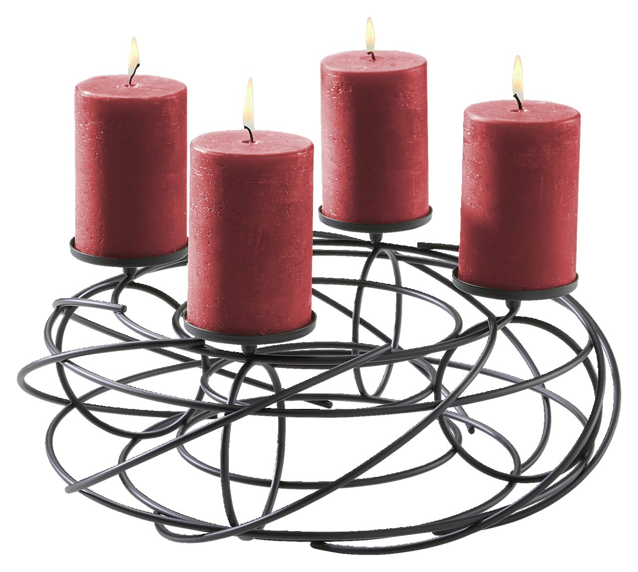 Schwarzer Dekokranz für 4 Kerzen mit roten Kerzen, seitliche Perspektive
