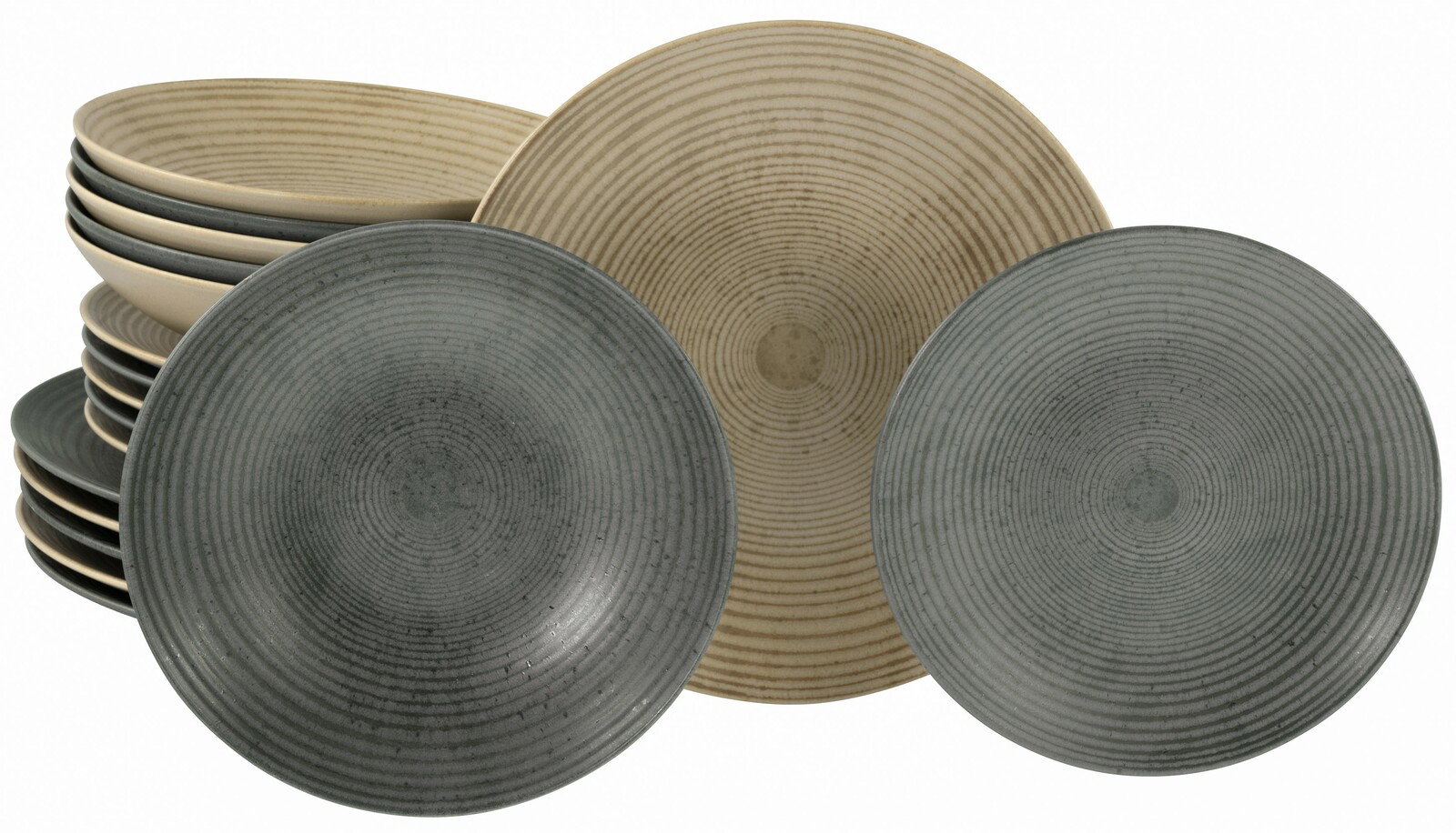 Tellerset 18-tlg mit gestreiftem Design in Grau und Beige, frontal abgebildet