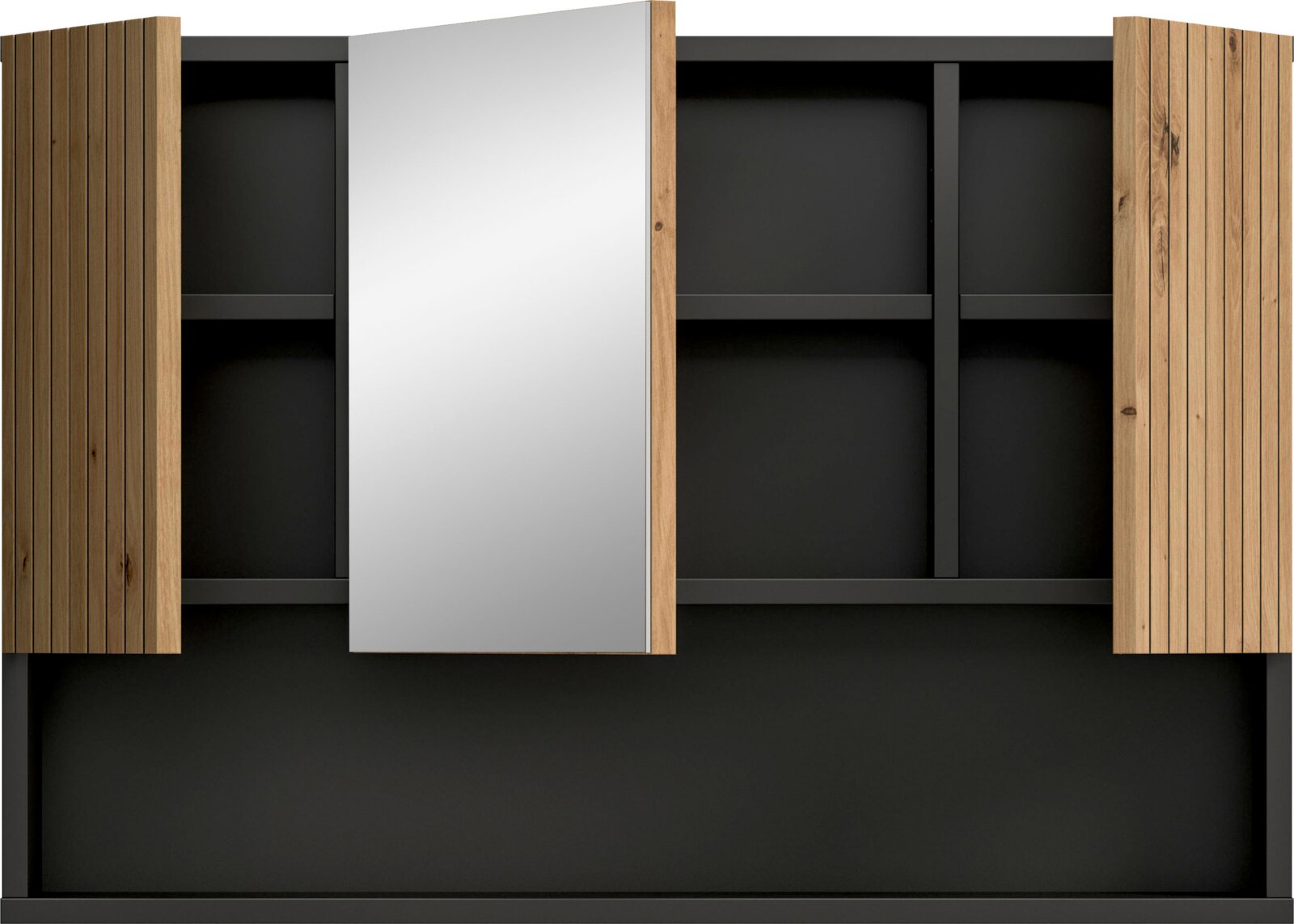 Modernes Wandregal/Sideboard mit schwarzem Metallrahmen, zwei Holz-Lamellentüren links und rechts sowie mittiger Spiegeltür, Frontansicht.