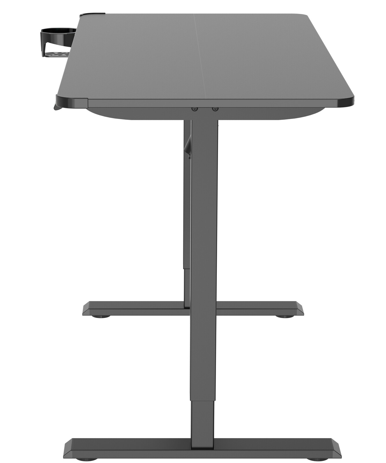Seitenansicht eines E-Gaming Tisches mit Becherhalter, stabilem Metallgestell und glatter Tischoberfläche.
