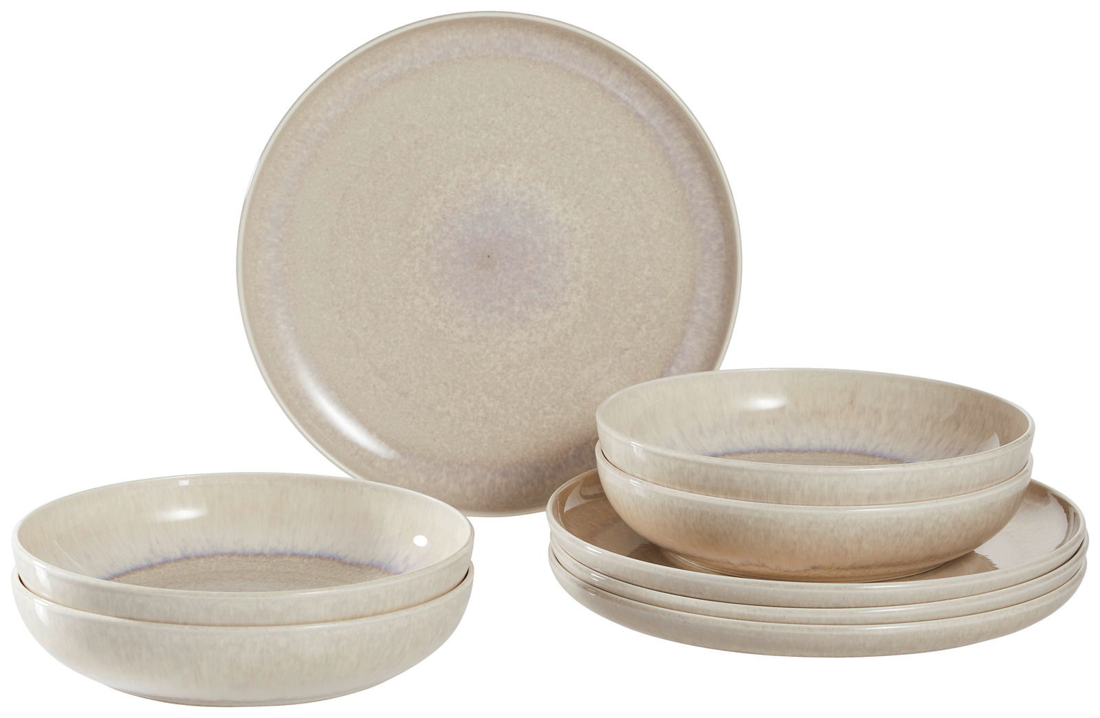Beigefarbenes Tafelservice 8-teilig, bestehend aus flachen und tiefen Tellern, in seitlicher Perspektive.