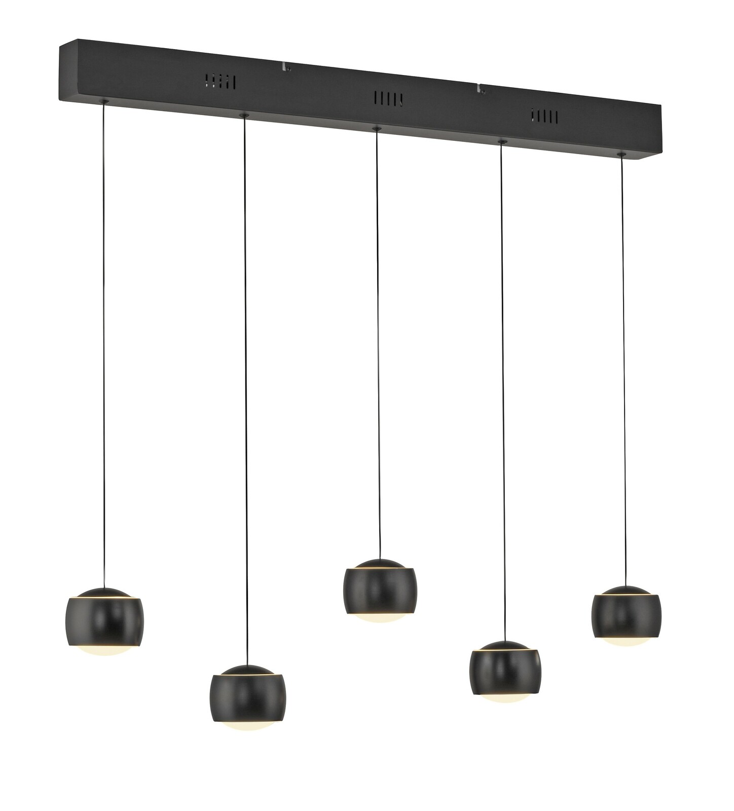 Moderne Pendelleuchte mit fünf schwarzen, kugelförmigen Lampenschirmen, aufgehängt an dünnen Kabeln von einer rechteckigen Deckenhalterung. Seitenansicht.
