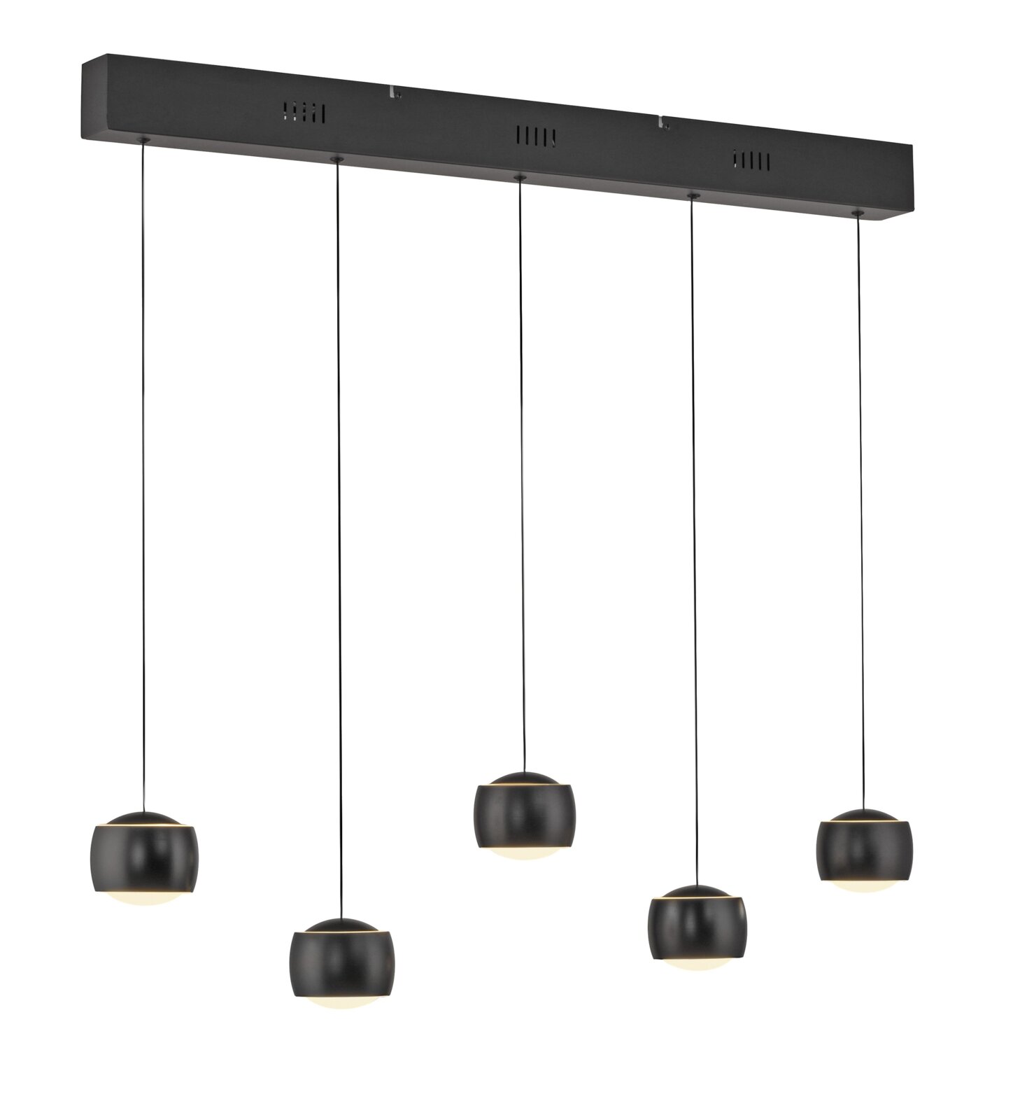 Moderne hanglamp met vijf zwarte, bolvormige lampenkappen, opgehangen aan dunne kabels aan een rechthoekige plafondbevestiging. Zijaanzicht.