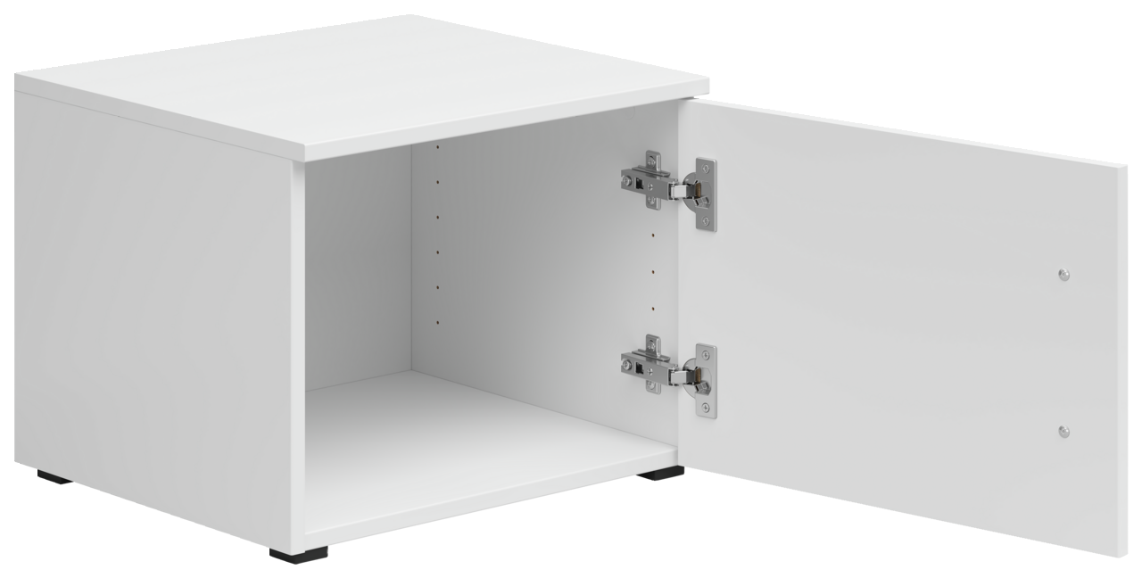 Weißer Aufsatzschrank mit geöffneter Tür, seitliche Perspektive