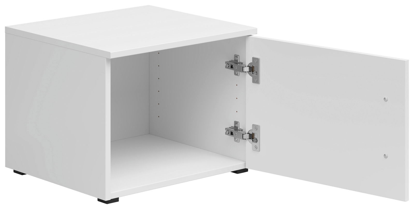 Weißer Aufsatzschrank mit geöffneter Tür, seitliche Perspektive